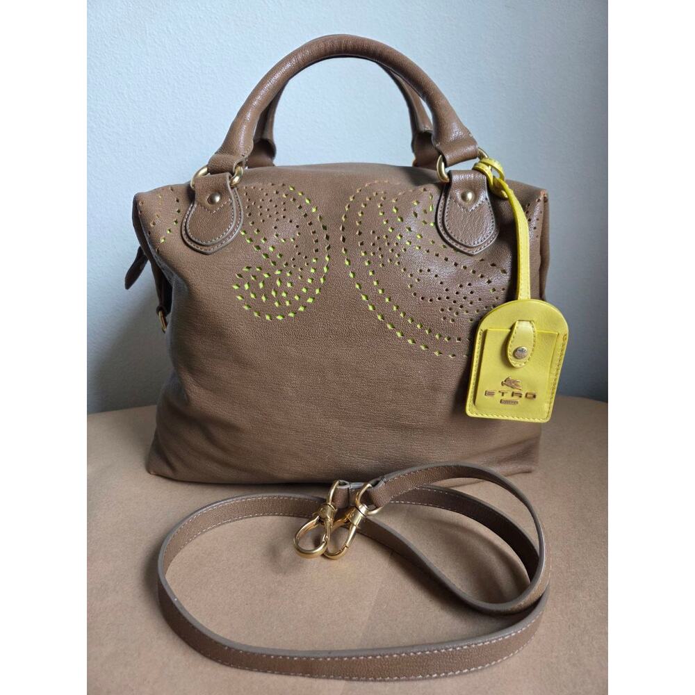 Etro Satchel Shoulder Bag Paisley Perforated Soft Leather Tan Brown Adjustable